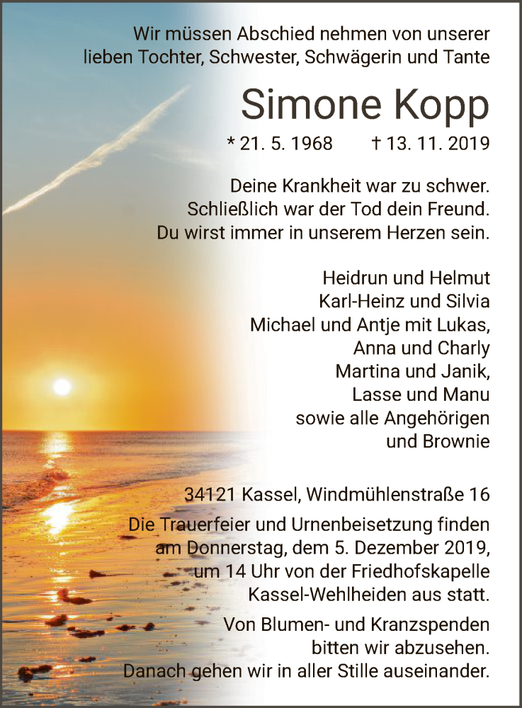  Traueranzeige für Simone Kopp vom 30.11.2019 aus HNA