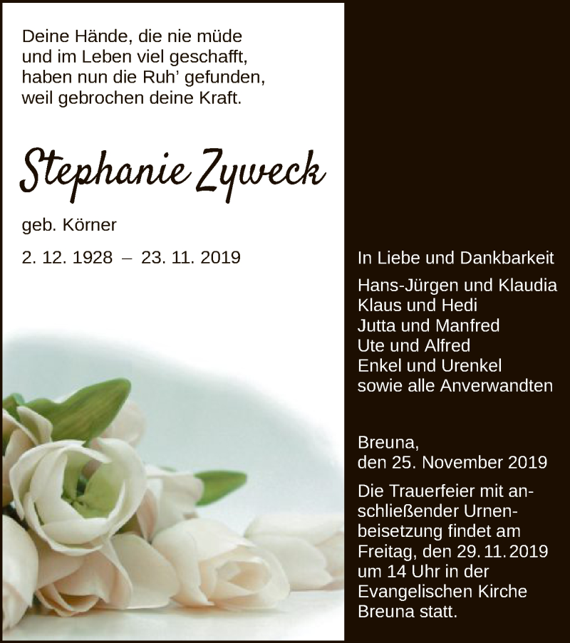  Traueranzeige für Stephanie Zyweck vom 27.11.2019 aus HNA