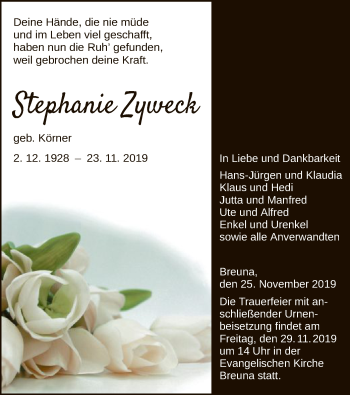 Traueranzeige von Stephanie Zyweck von HNA