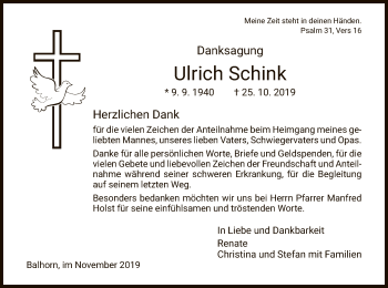 Traueranzeige von Ulrich Schink von HNA