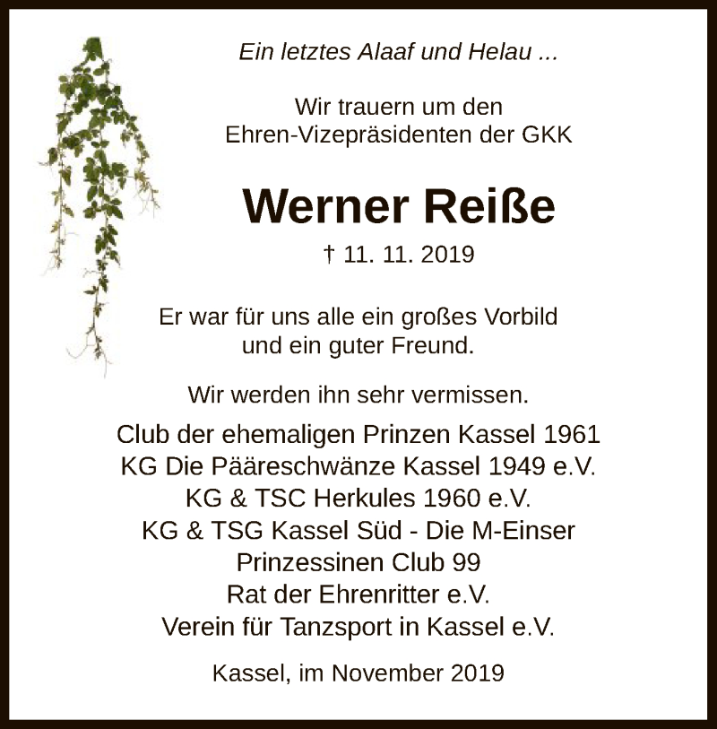  Traueranzeige für Werner Reiße vom 16.11.2019 aus HNA