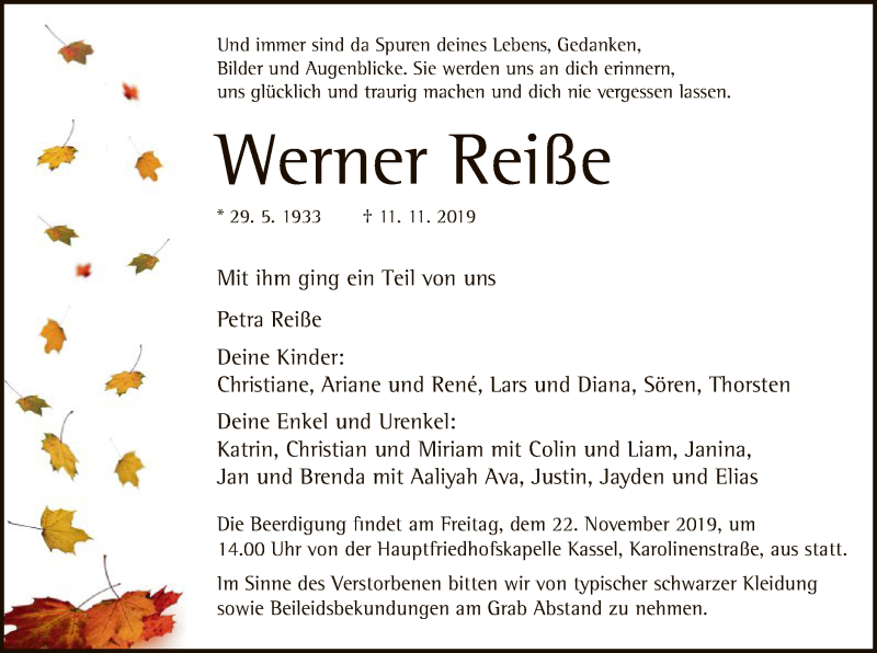  Traueranzeige für Werner Reiße vom 16.11.2019 aus HNA