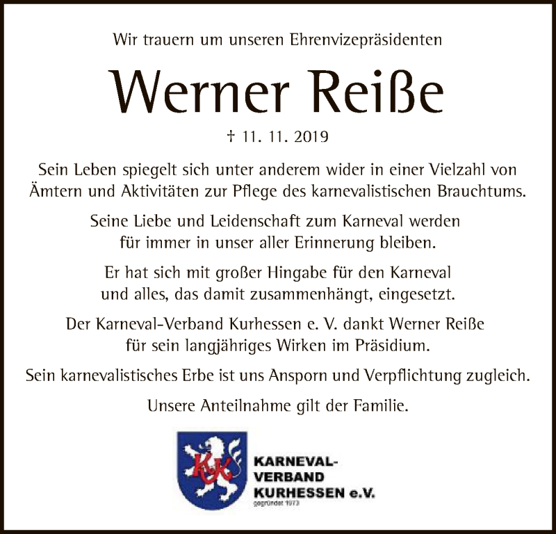  Traueranzeige für Werner Reiße vom 20.11.2019 aus HNA