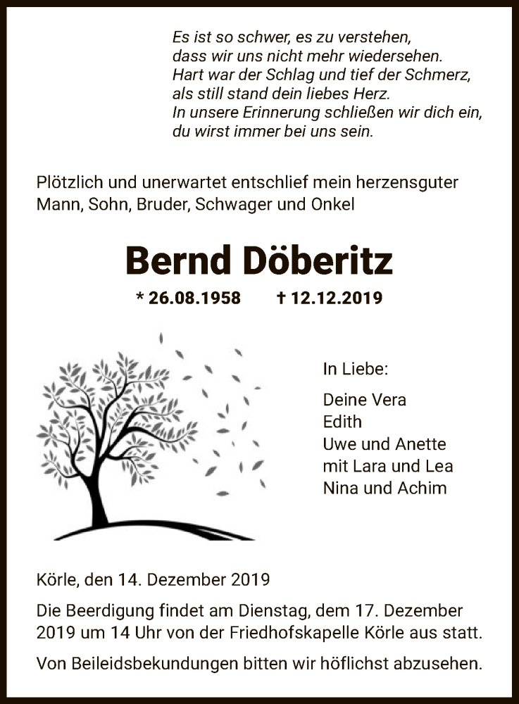  Traueranzeige für Bernd Döberitz vom 14.12.2019 aus HNA