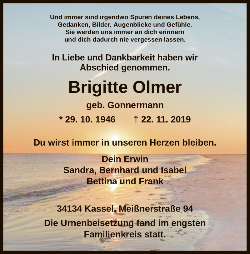  Traueranzeige für Brigitte Olmer vom 07.12.2019 aus HNA