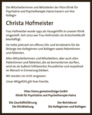 Traueranzeige von Christa Hofmeister von HNA