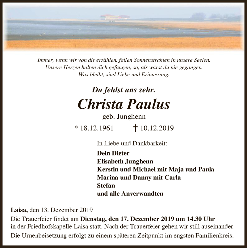  Traueranzeige für Christa Paulus vom 13.12.2019 aus HNA