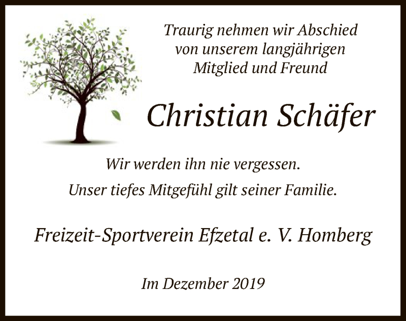  Traueranzeige für Christian Schäfer vom 07.12.2019 aus HNA
