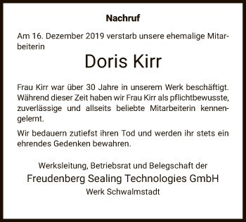 Traueranzeige von Doris Kirr von HNA