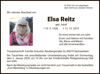 Traueranzeige von Elsa Reitz von HNA