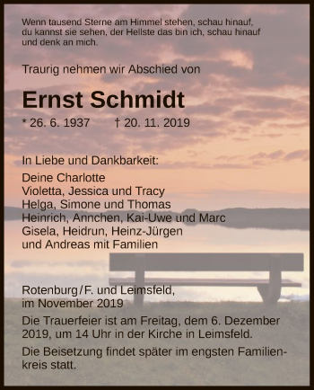 Traueranzeige von Ernst Schmidt von HNA
