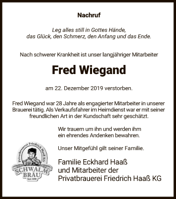 Traueranzeige von Fred Wiegand von HNA