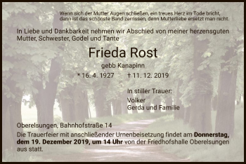 Traueranzeige von Frieda Rost von HNA