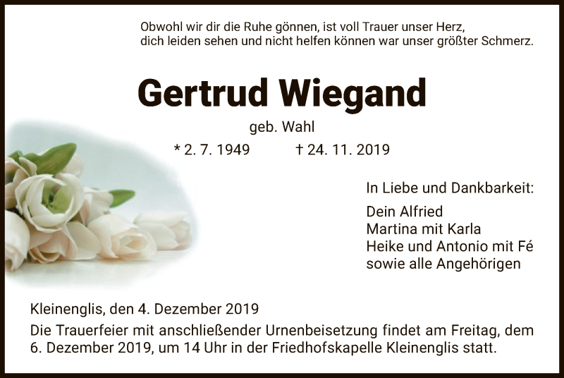  Traueranzeige für Gertrud Wiegand vom 04.12.2019 aus HNA