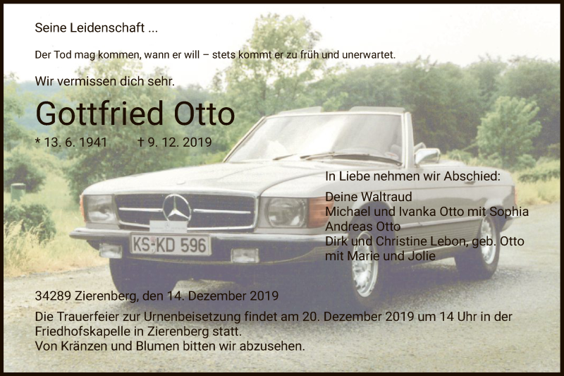  Traueranzeige für Gottfried Otto vom 14.12.2019 aus HNA