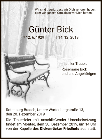 Traueranzeige von Günter Bick von HNA