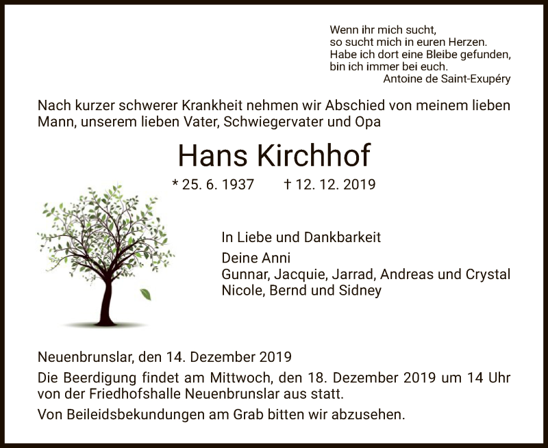  Traueranzeige für Hans Kirchhof vom 14.12.2019 aus HNA