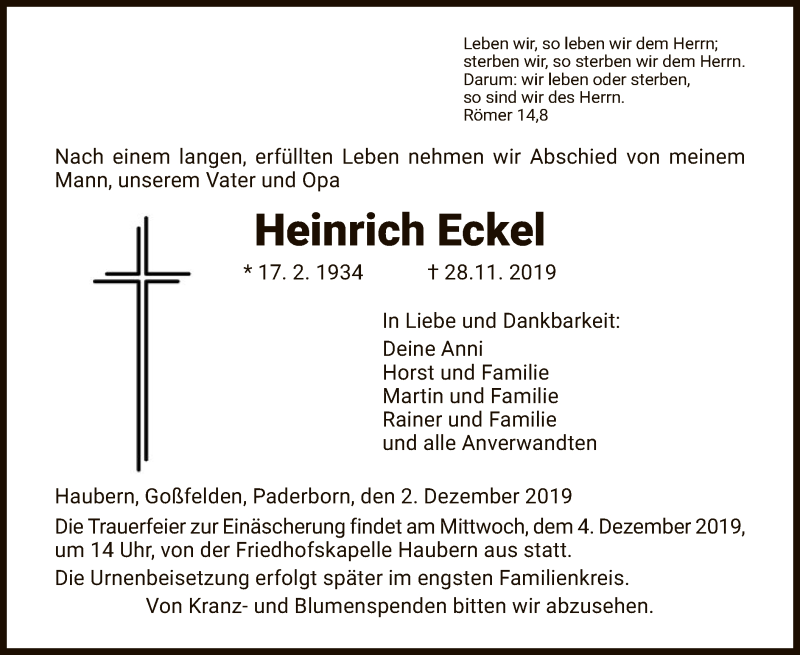  Traueranzeige für Heinrich Eckel vom 02.12.2019 aus HNA
