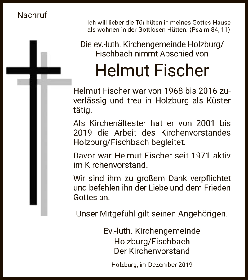 Traueranzeige für Helmut Fischer vom 04.12.2019 aus HNA