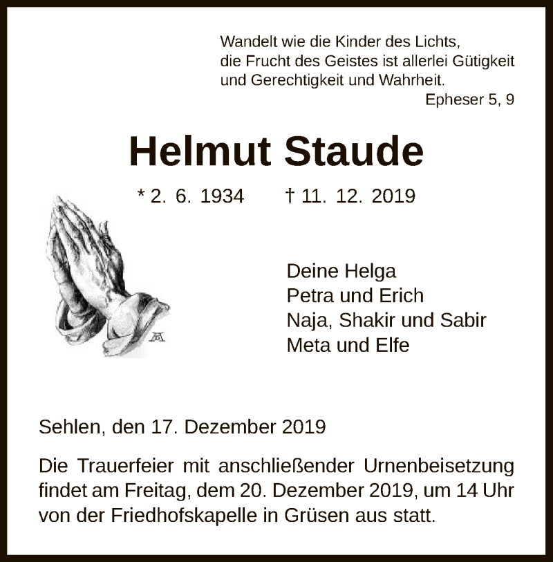  Traueranzeige für Helmut Staude vom 17.12.2019 aus HNA