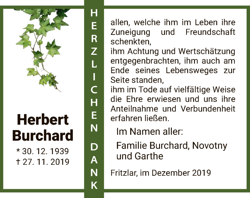  Traueranzeige für Herbert Burchard vom 14.12.2019 aus HNA