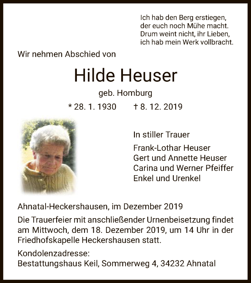  Traueranzeige für Hilde Heuser vom 13.12.2019 aus HNA