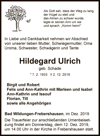 Traueranzeige von Hildegard Ulrich von HNA