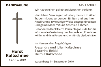 Traueranzeige von Horst Kaltschnee von HNA