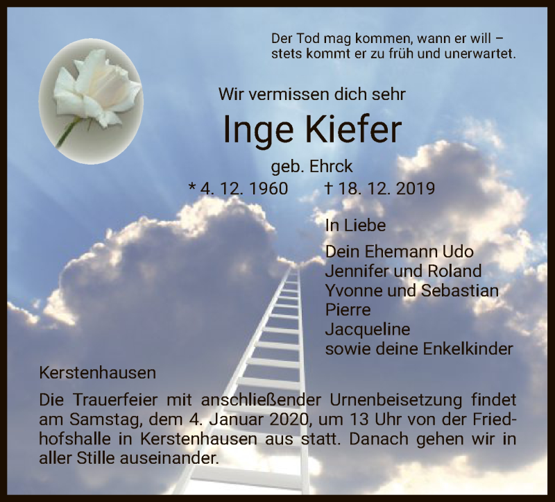 Traueranzeigen Von Inge Kiefer Trauer Hna De