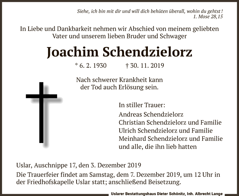 Traueranzeige für Joachim Schendzielorz vom 03.12.2019 aus HNA
