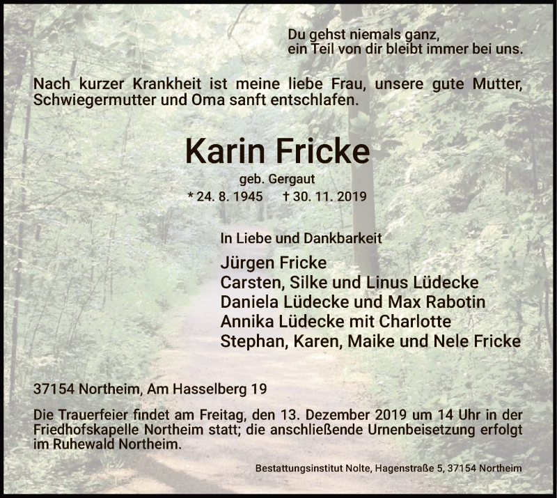  Traueranzeige für Karin Fricke vom 07.12.2019 aus HNA