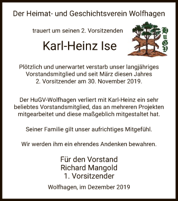 Traueranzeige von Karl-Heinz Ise von HNA