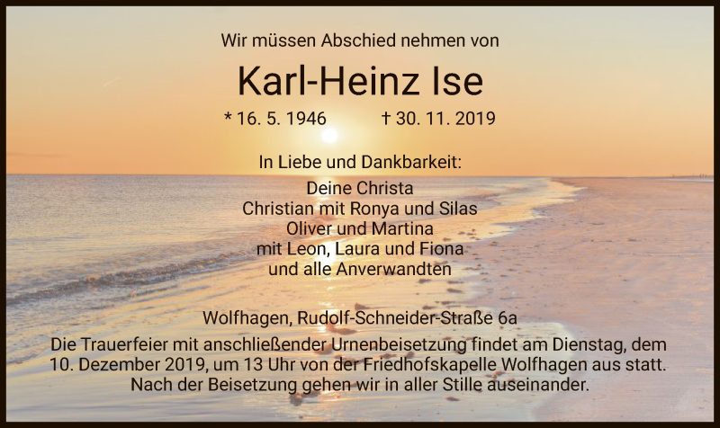  Traueranzeige für Karl-Heinz Ise vom 07.12.2019 aus HNA