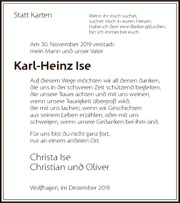 Traueranzeige von Karl-Heinz Ise von HNA