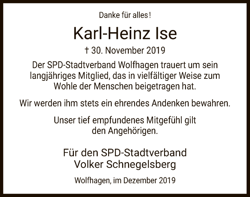  Traueranzeige für Karl-Heinz Ise vom 07.12.2019 aus HNA