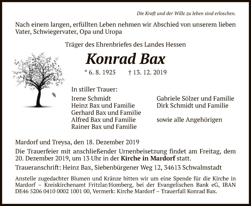  Traueranzeige für Konrad Bax vom 18.12.2019 aus HNA