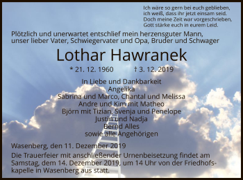 Traueranzeige von Lothar Hawranek von HNA