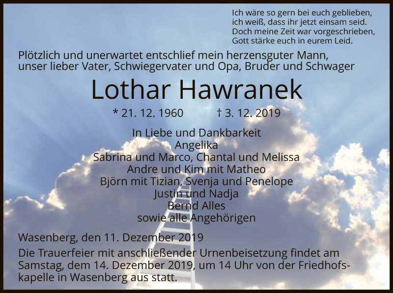  Traueranzeige für Lothar Hawranek vom 11.12.2019 aus HNA