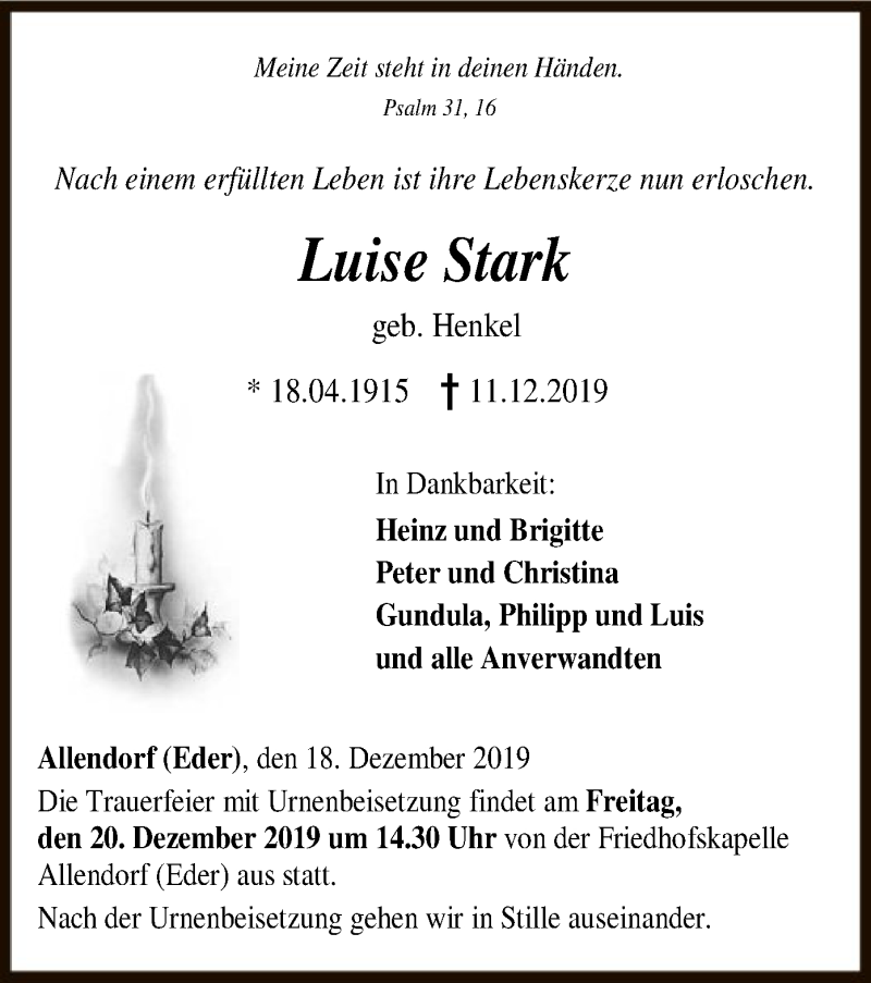  Traueranzeige für Luise Stark vom 18.12.2019 aus HNA
