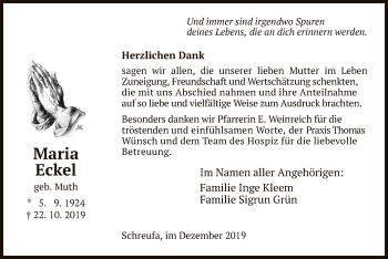 Traueranzeige von Maria Eckel von HNA