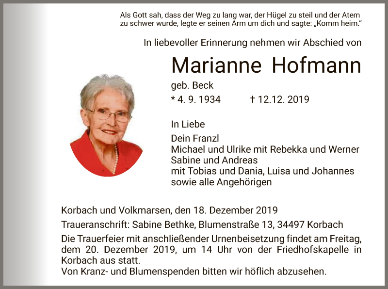 Traueranzeigen von Marianne Hofmann | Trauer.HNA.de