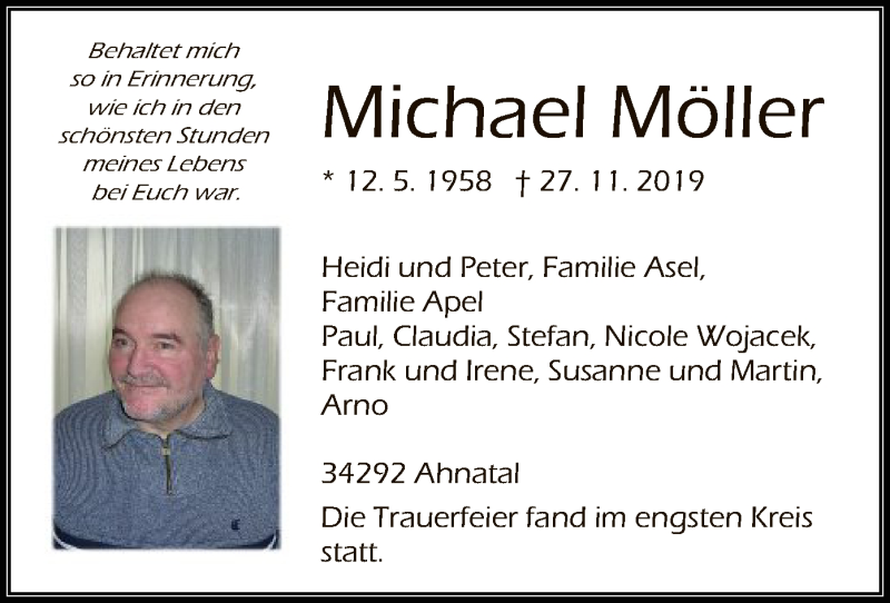  Traueranzeige für Michael Möller vom 21.12.2019 aus HNA