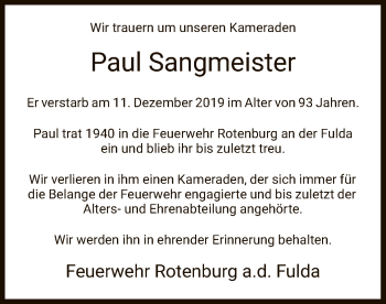 Traueranzeige von Paul Sangmeister von HNA