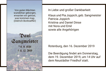 Traueranzeige von Paul Sangmeister von HNA