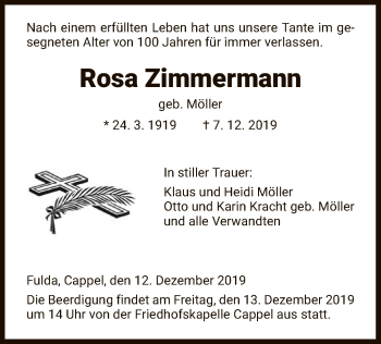 Traueranzeige von Rosa Zimmermann von HNA