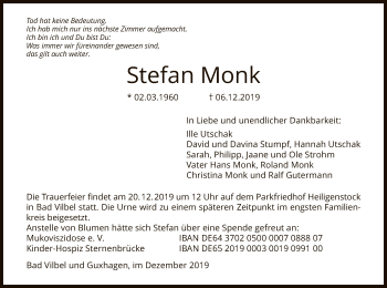 Traueranzeige von Stefan Monk von HNA