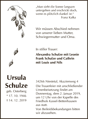 Traueranzeige von Ursula Schulze von HNA