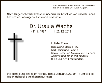Traueranzeige von Ursula Wachs von HNA