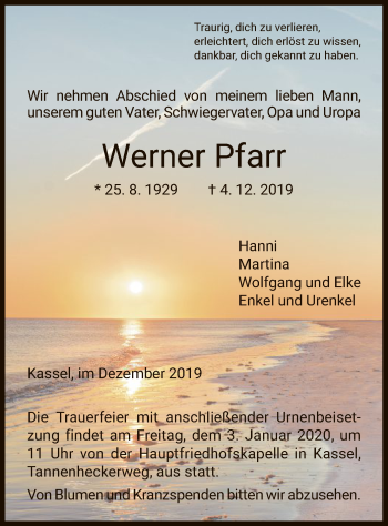 Traueranzeige von Werner Pfarr von HNA