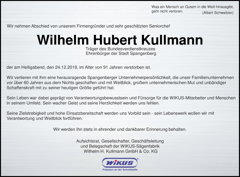  Traueranzeige für Wilhelm Hubert Kullmann vom 28.12.2019 aus HNA